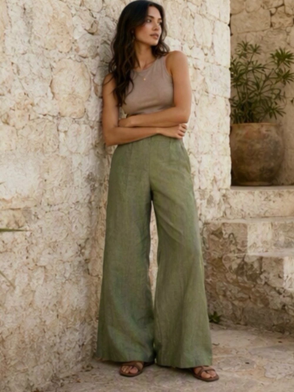 🌷Ann Taylor🌷Olive Green Vintage Wide Leg Silk Blend Sateen Dress Pants